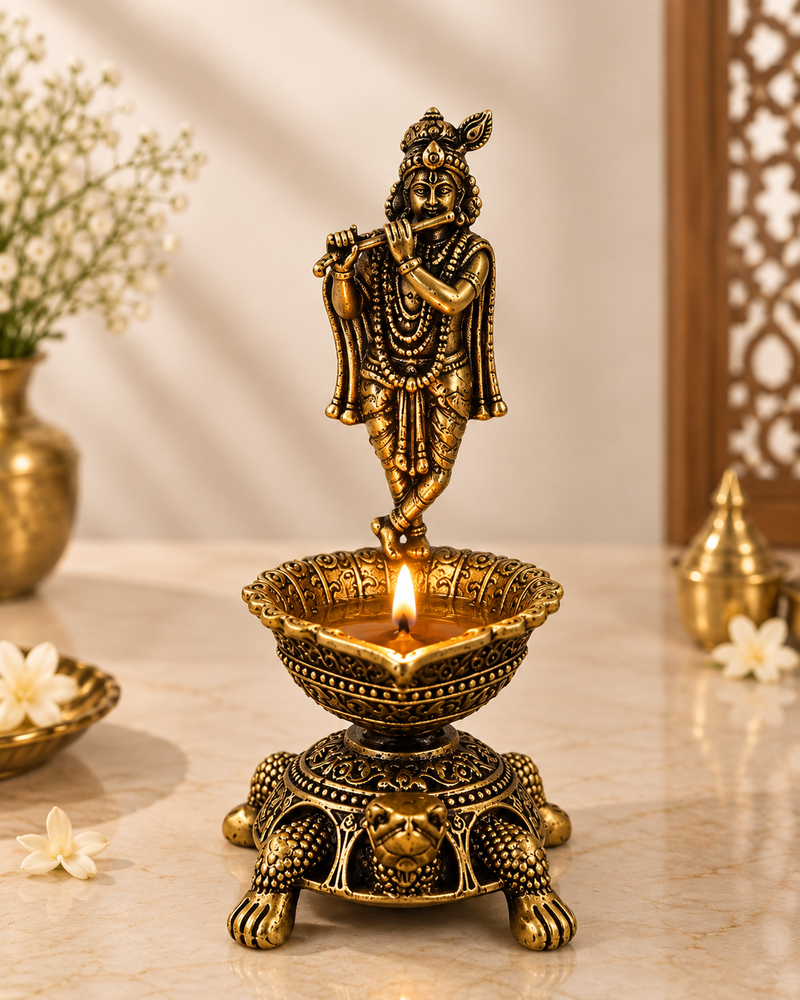 Brass Krishna Diya with Tortoise Base | Antique Finish, Pure Brass, 8.8cm Height, Pooja & Temple Decor, Deepam Oil Lamp
