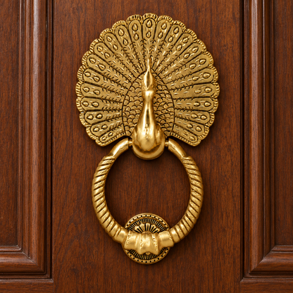 Antique Gold Finish Royal Peacock Front Door Knocker (Large Size) | The Indian Aura