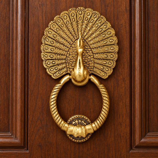 Antique Gold Finish Royal Peacock Front Door Knocker (Large Size) | The Indian Aura