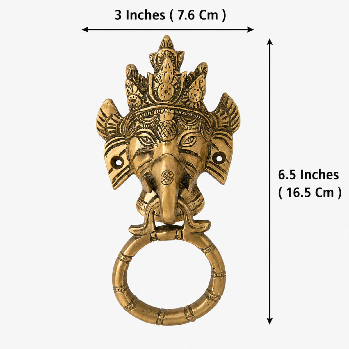 Gold-colored door knocker with dimensions indicated on a white background