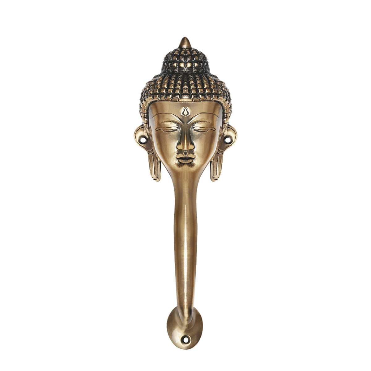Decorative Buddha face brass handle on a white background.