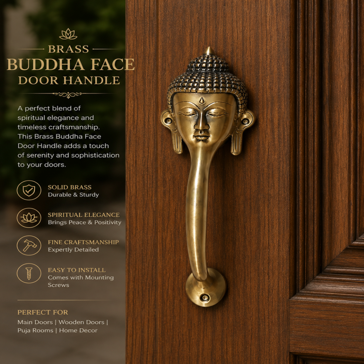 Brass Buddha face door handle on a wooden door with product description.