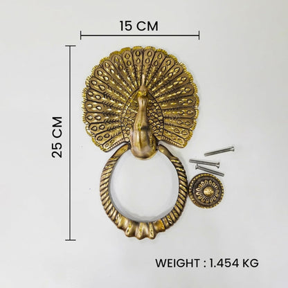 Decorative peacock-shaped door knocker with measurements and weight on a white background