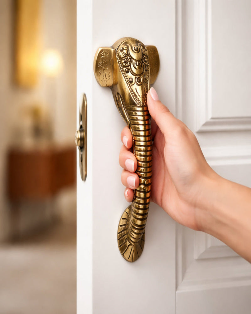 Ganesha Brass Door Handle with Golden Crown - Antique Dhanvantri Design