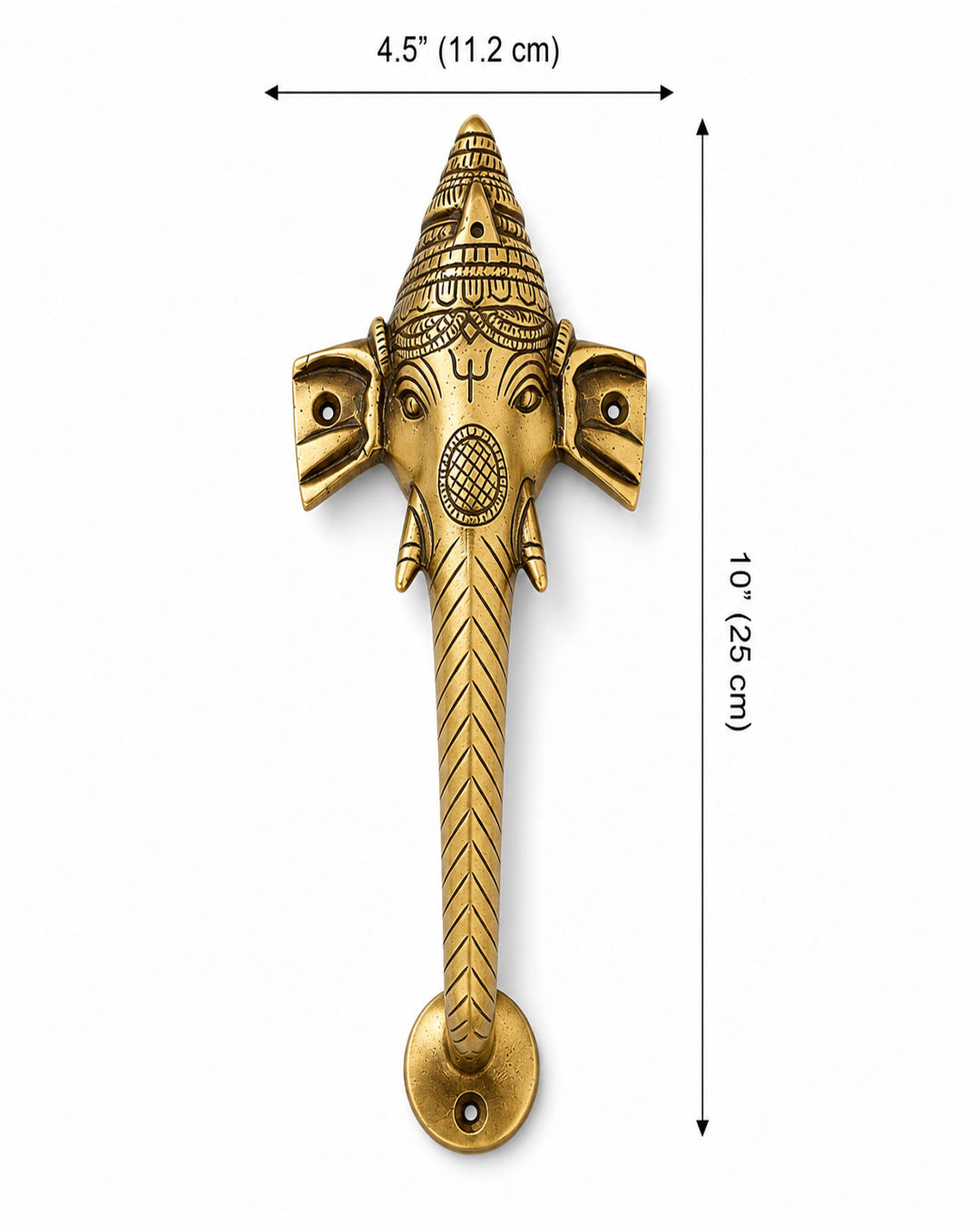 Gold Ganesh brass door handle with measurements.