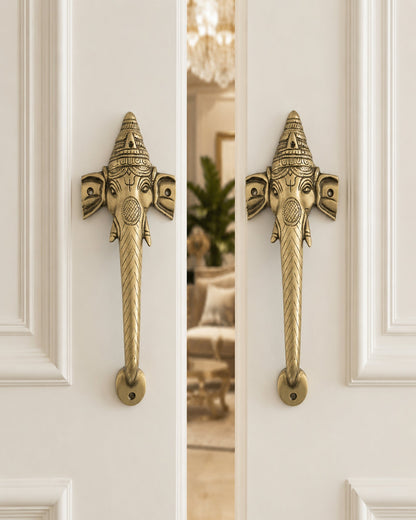 Decorative ganesha brass door handles on a white door.