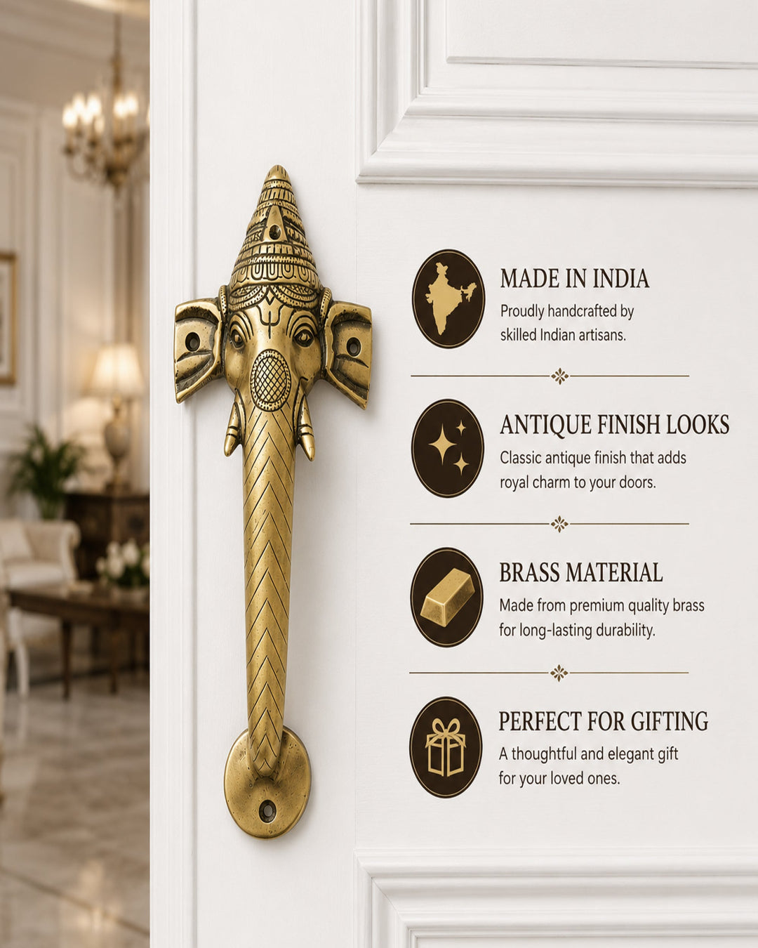 Decorative brass door handle with descriptions.