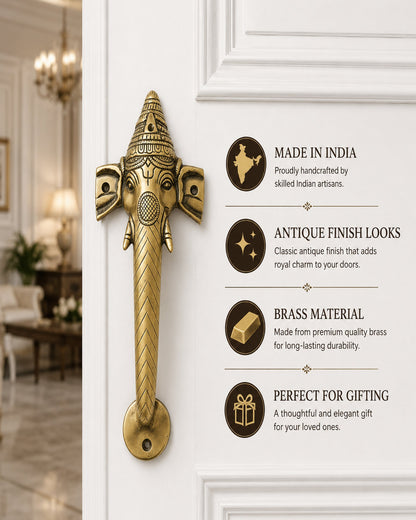 Decorative brass door handle with descriptions.