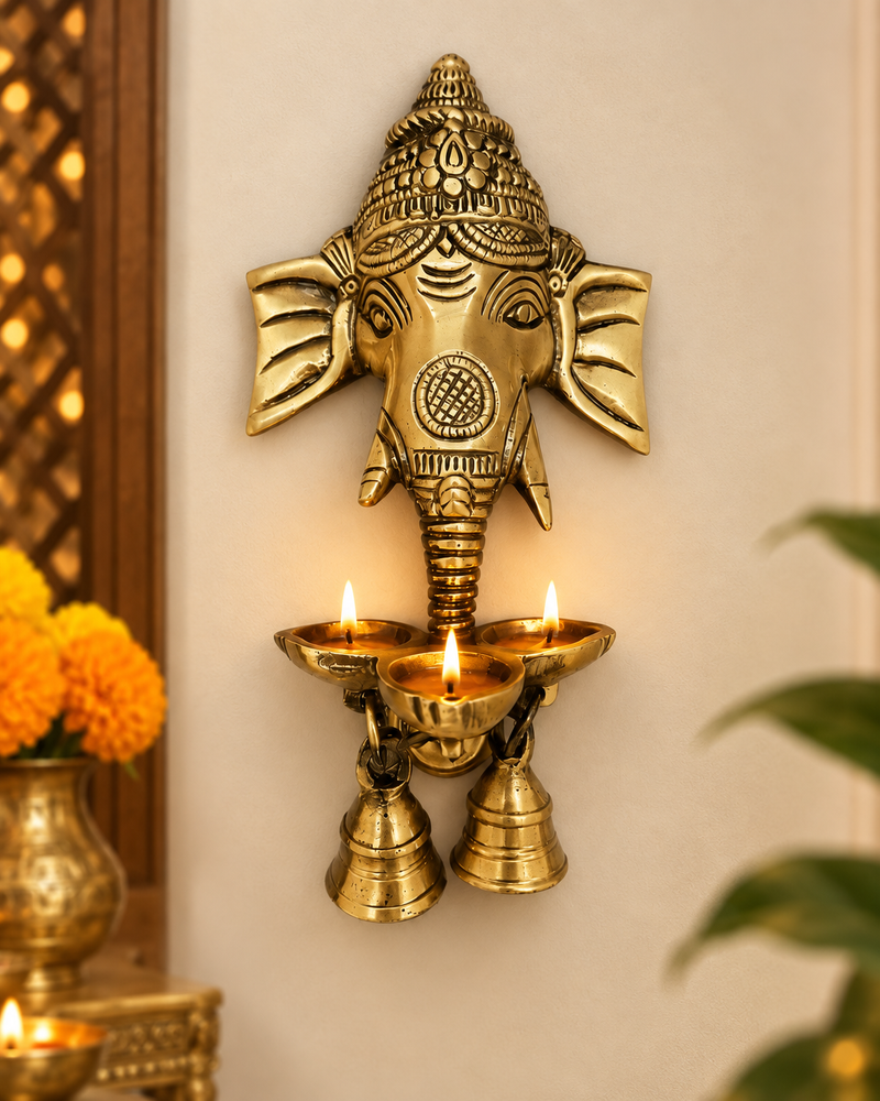 Brass Ganesha Wall Hanging Diya with Bells – Antique Finish Pure Brass Decorative Oil Lamp for Home & Temple