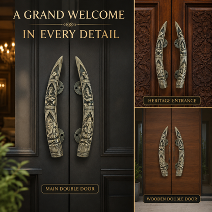 Decorative double-door handle set shown installed on dark and medium brown wooden doors, with inset close-ups and the text 'A GRAND WELCOME IN EVERY DETAIL', 'MAIN DOUBLE DOOR', 'HERITAGE ENTRANCE', and 'WOODEN DOUBLE DOOR'.