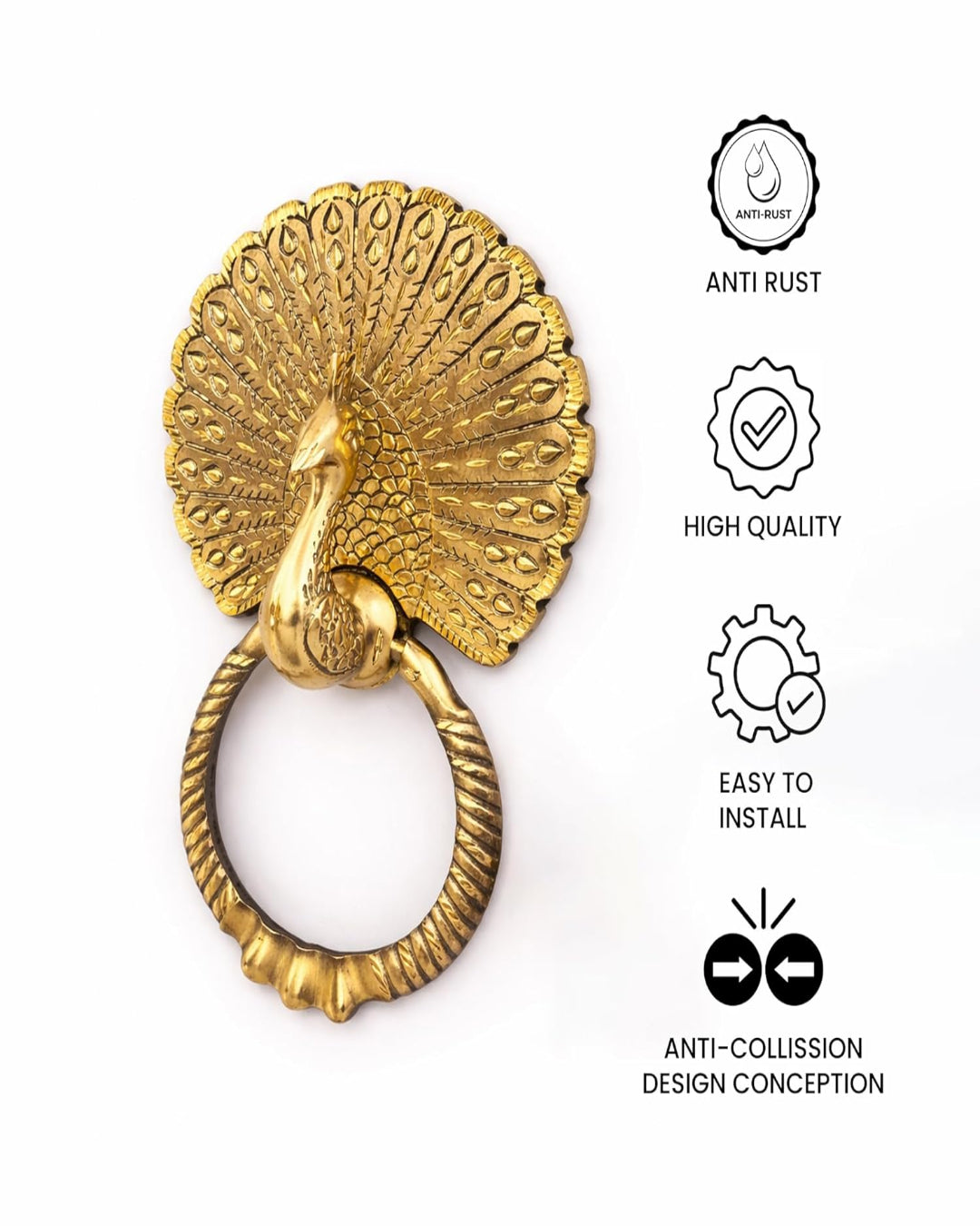 Gold peacock-shaped door knocker with quality and feature icons on a white background