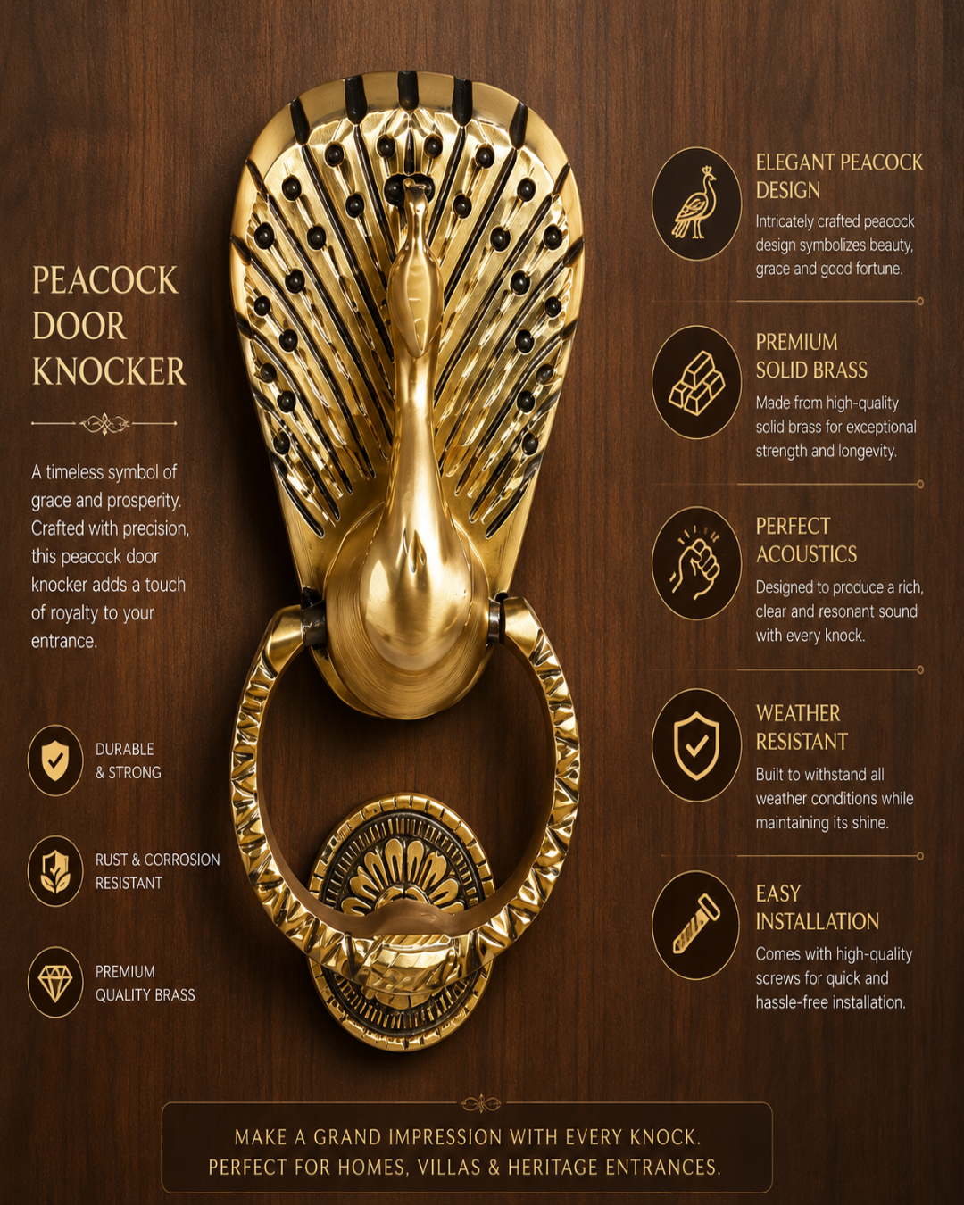 Gold peacock door knocker on a wooden background with product features listed.