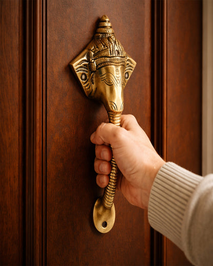 Antique Ganesha Brass Door Handle with Brown Crown – Vintage Indian Design