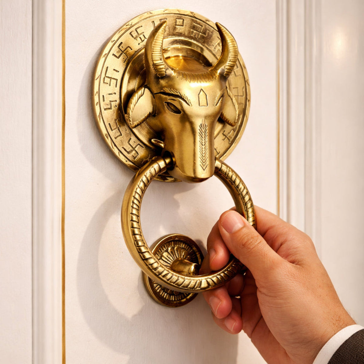 Hand opening a door with a decorative gold door knocker shaped like a ram's head.
