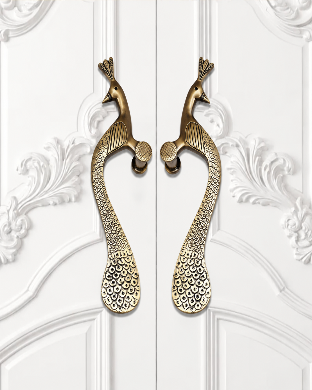 handcrafted brass door handle peacock Design.