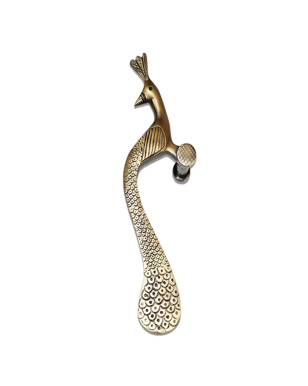 Decorative brass door handle peacock-shaped on a white background.