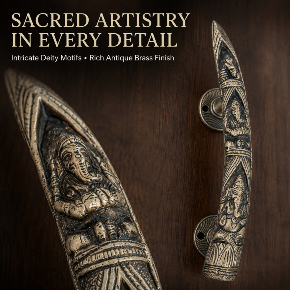 Two antique brass door handles with detailed carvings of Hindu deities, shown on a dark wood background with promotional text overlay.