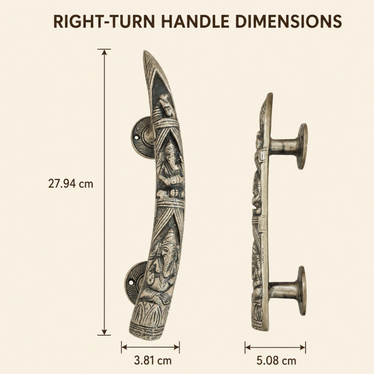 An informational product graphic showing a carved right-turn handle from two angles with dimension labels. The left view shows a height of 27.