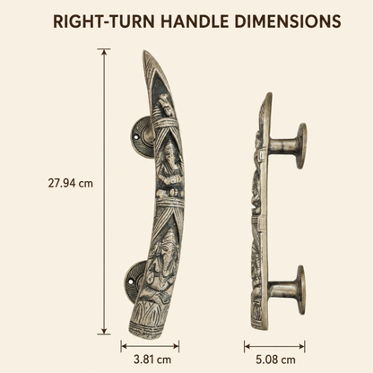 An informational product graphic showing a carved right-turn handle from two angles with dimension labels. The left view shows a height of 27.