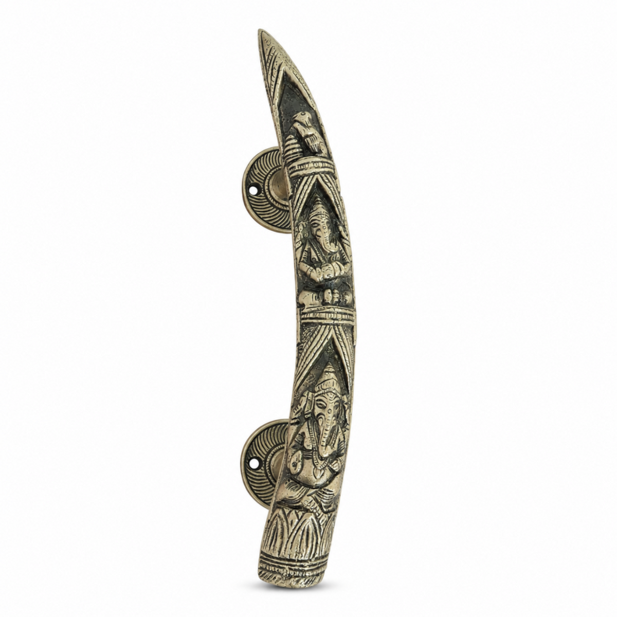 An ornate, curved brass door pull handle featuring detailed carvings of Lord Ganesha and a traditional Indian architectural motif, set against a plain white background.