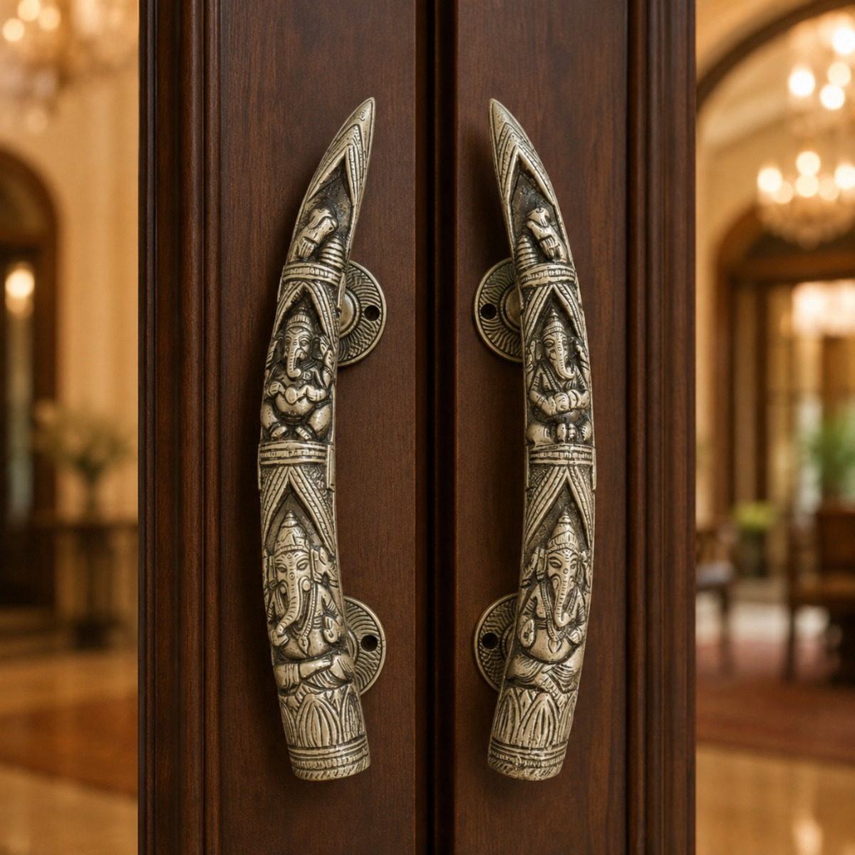 Two ornate, vertically oriented metal door handles with detailed carvings of Hindu deities, mounted on dark brown wooden doors in a warm, blurred interior setting.