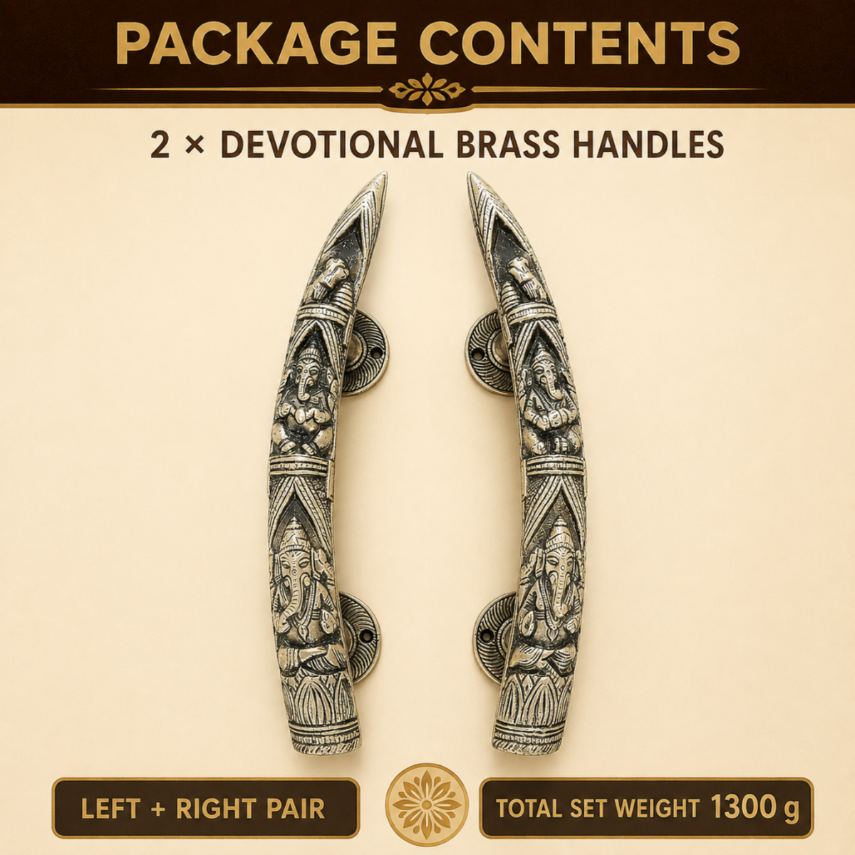 Package contents graphic showing two ornate carved brass handle bars with religious figures, on a beige background with text reading 'PACKAGE CONTENTS' and '2 x Devotional Brass Handles'.