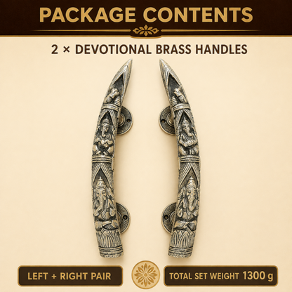 Package contents graphic showing two ornate carved brass handle bars with religious figures, on a beige background with text reading 'PACKAGE CONTENTS' and '2 x Devotional Brass Handles'.