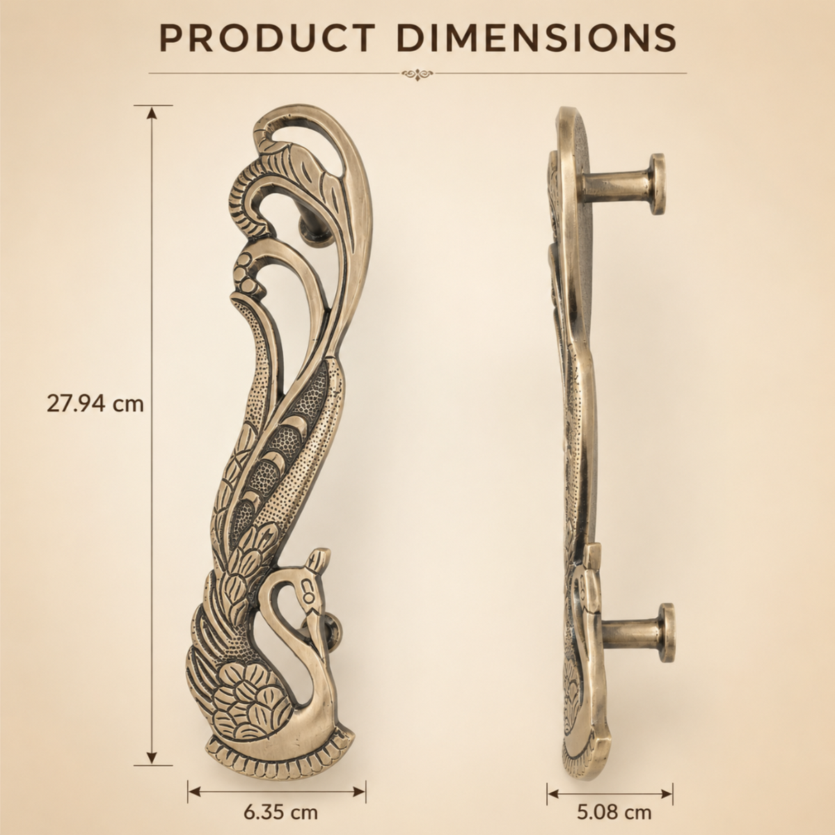 Product dimensions diagram showing an handcrafted brass swan peacock door handles