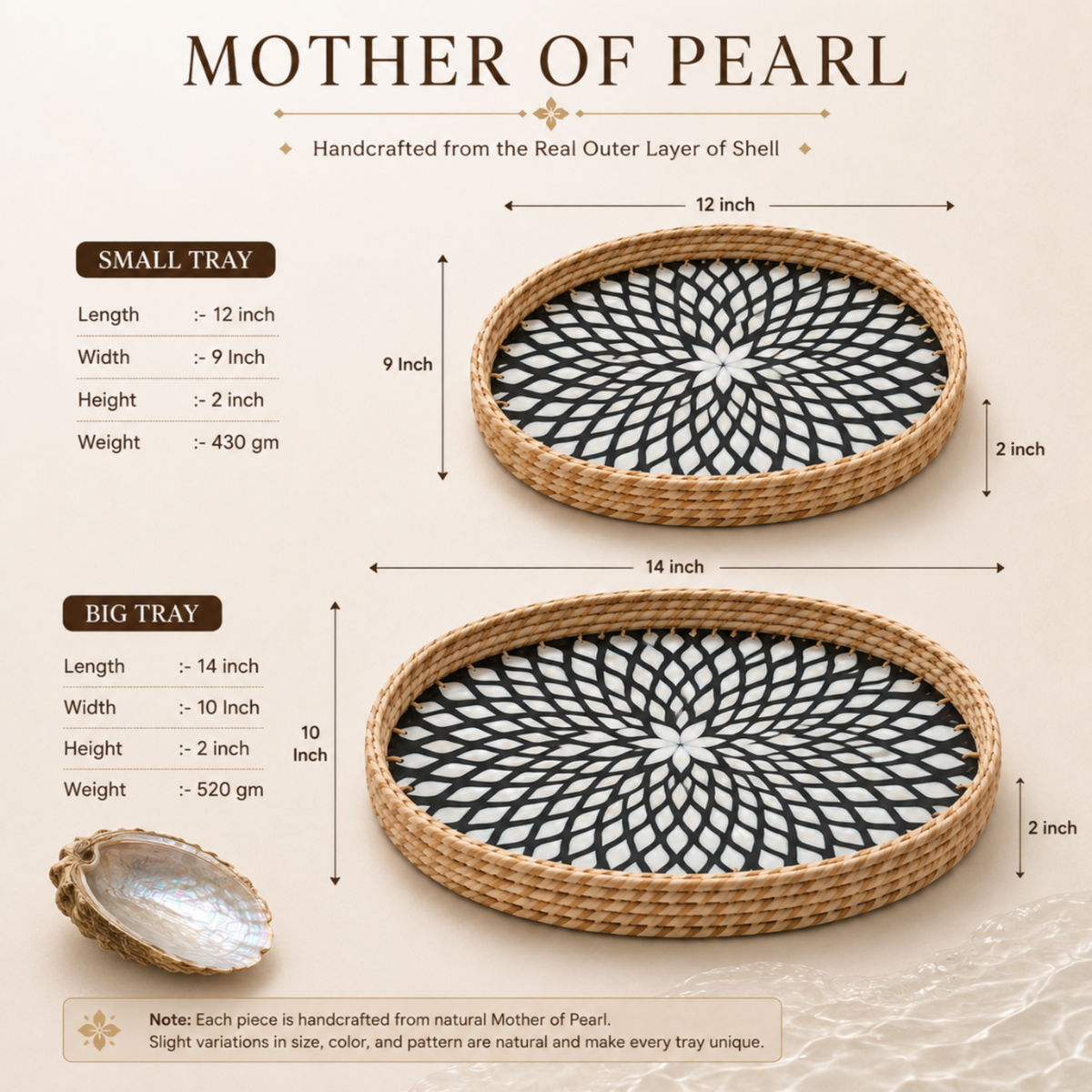 Two oval Mother of Pearl shell trays shown with dimension callouts and text describing small and big sizes, on a warm beige background. One tray is labeled 12 inch by 9 inch and the other 14 inch by 10 inch, both with black-and-white geometric shell patterns.