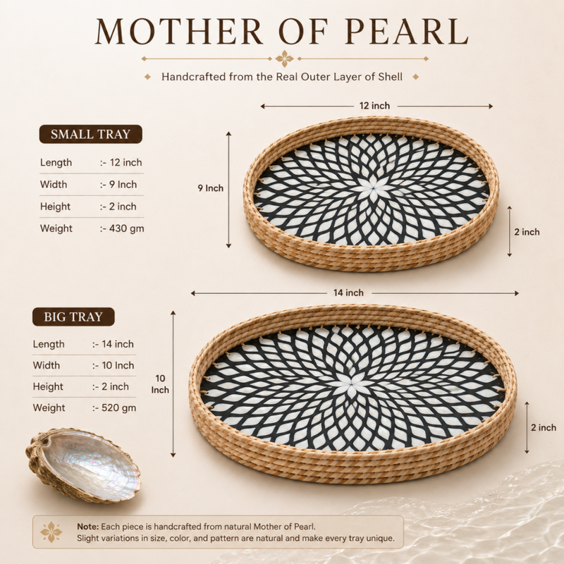Handcrafted Mother of Pearl Oval Tray Set of 2 with Natural Jute Border – Decorative, Serving & Gifting Trays