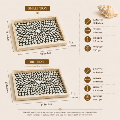 A dimension comparison graphic showing two wooden trays labeled SMALL TRAY and BIG TRAY, each containing a black spiral shell pattern, with size measurements and weights listed beside them on a white background.