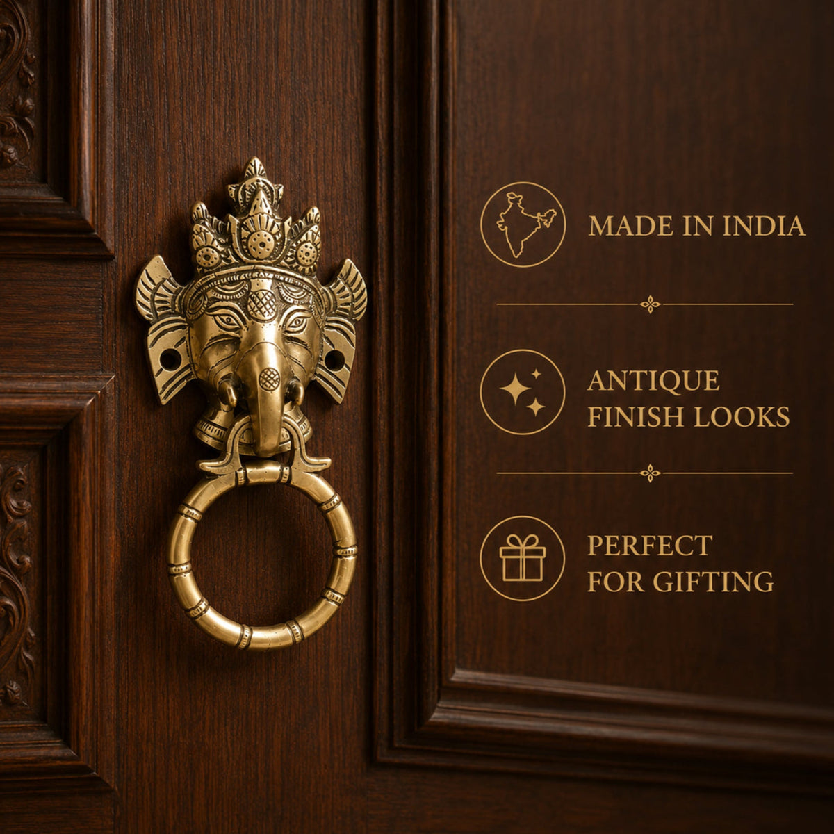 Decorative brass door knocker on a wooden door with text about product features.