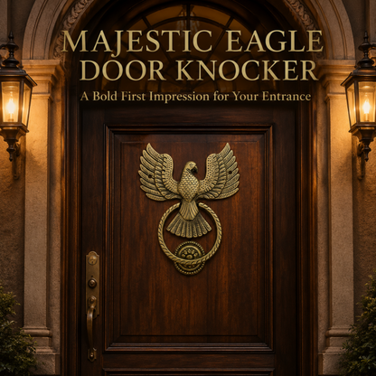 A large ornate bronze eagle door knocker mounted on a dark wooden front door, framed by warm wall lanterns and stone archway. Text at the top reads 'MAJESTIC EAGLE DOOR KNOCKER' with smaller copy below.