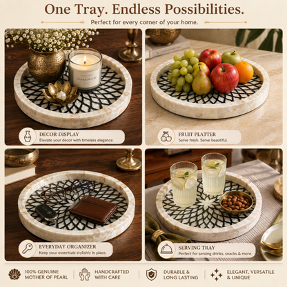 A 2x2 collage showing a round tray with a black geometric lattice pattern and a cream-and-white mother-of-pearl rim, styled in four home scenarios: decor display, fruit platter, everyday organizer, and serving tray. The top text reads 'One Tray.