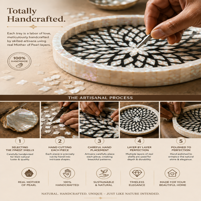 A close-up of a hand placing a small shell into a circular clay tray with a hand-painted shell pattern, with text and a five-step artisan process shown below on a beige background.