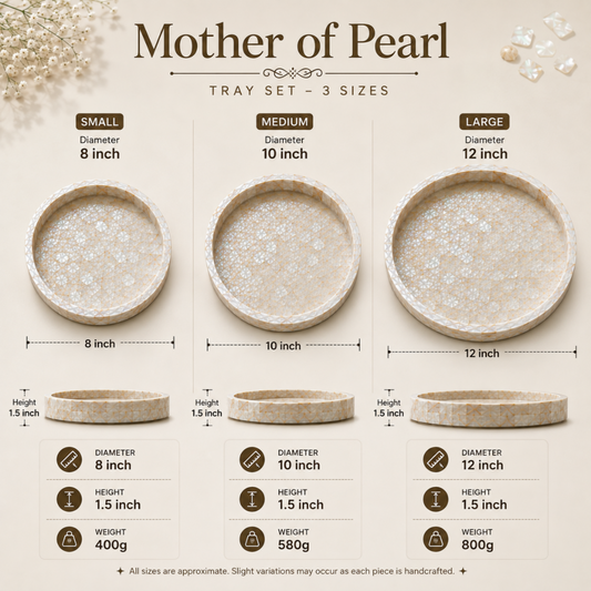 A size comparison chart for a Mother of Pearl tray set, showing three sizes: Small (8 inch), Medium (10 inch), and Large (12 inch). Each size displays a top-down view of the round tray with its dimensions, plus a side profile view showing the height and weight.