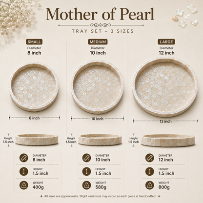 A size comparison chart for a Mother of Pearl tray set, showing three sizes: Small (8 inch), Medium (10 inch), and Large (12 inch). Each size displays a top-down view of the round tray with its dimensions, plus a side profile view showing the height and weight.