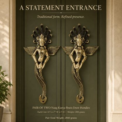 A pair of brass Nag Kanya door handles mounted on dark olive-green double doors, shown in a styled entryway setting with text overlays describing the product details.