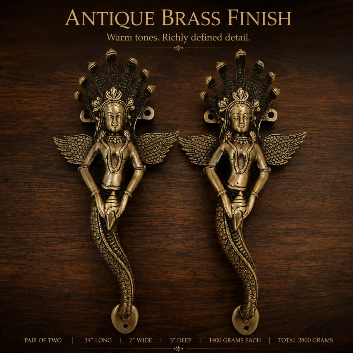 A pair of ornate brass door handles with an antique finish, featuring winged female figures with multi-headed crowns, displayed on a dark wood background with descriptive text overlays.