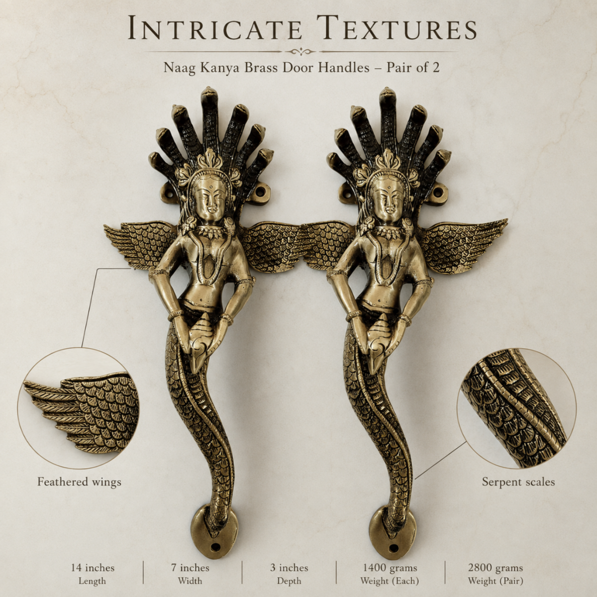 A pair of ornate brass door handles shaped like dancing female figures with feathered wings and serpent-like bodies, shown on a light textured background with callout circles highlighting feathered wings and serpent scales. Text above reads 'Intricate Textures' and 'Naag Kanya Brass Door Handles — Pair of 2'; dimensions and weights are listed below.