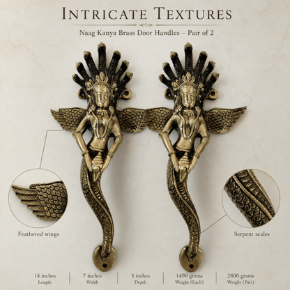 A pair of ornate brass door handles shaped like dancing female figures with feathered wings and serpent-like bodies, shown on a light textured background with callout circles highlighting feathered wings and serpent scales. Text above reads 'Intricate Textures' and 'Naag Kanya Brass Door Handles — Pair of 2'; dimensions and weights are listed below.