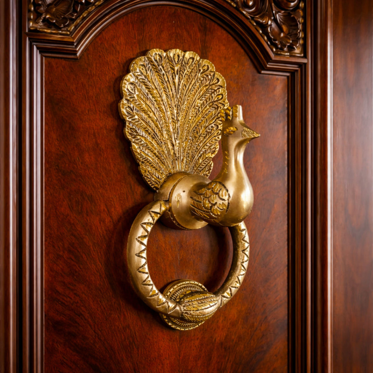 Gold peacock door knocker on a wooden door