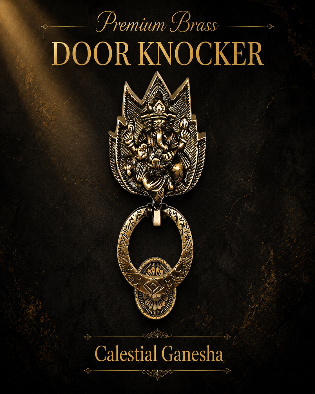 A premium brass door knocker featuring an intricate celestial Ganesha design, shown against a dark textured background with gold text reading 'Premium Brass DOOR KNOCKER' and 'Caelestial Ganesha'.