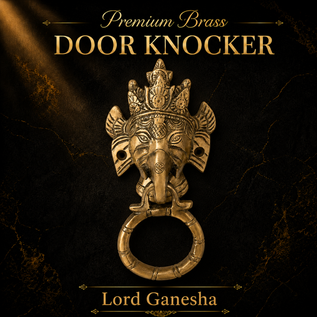 A premium brass Lord Ganesha door knocker with a ring pull, shown against a dark textured background with gold text reading 'Premium Brass DOOR KNOCKER' and 'Lord Ganesha'.