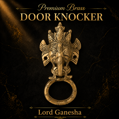 A premium brass Lord Ganesha door knocker with a ring pull, shown against a dark textured background with gold text reading 'Premium Brass DOOR KNOCKER' and 'Lord Ganesha'.