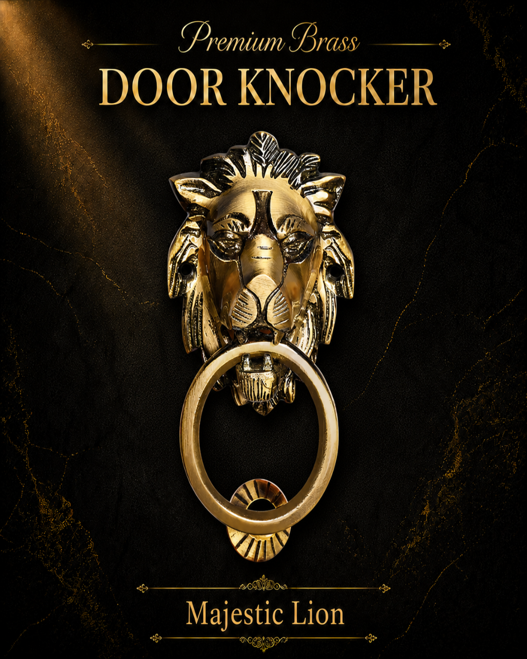 A decorative lion head door knocker in polished brass/gold metal, shown centered on a dark black background with gold text reading 'Premium Brass DOOR KNOCKER' and 'Majestic Lion'.