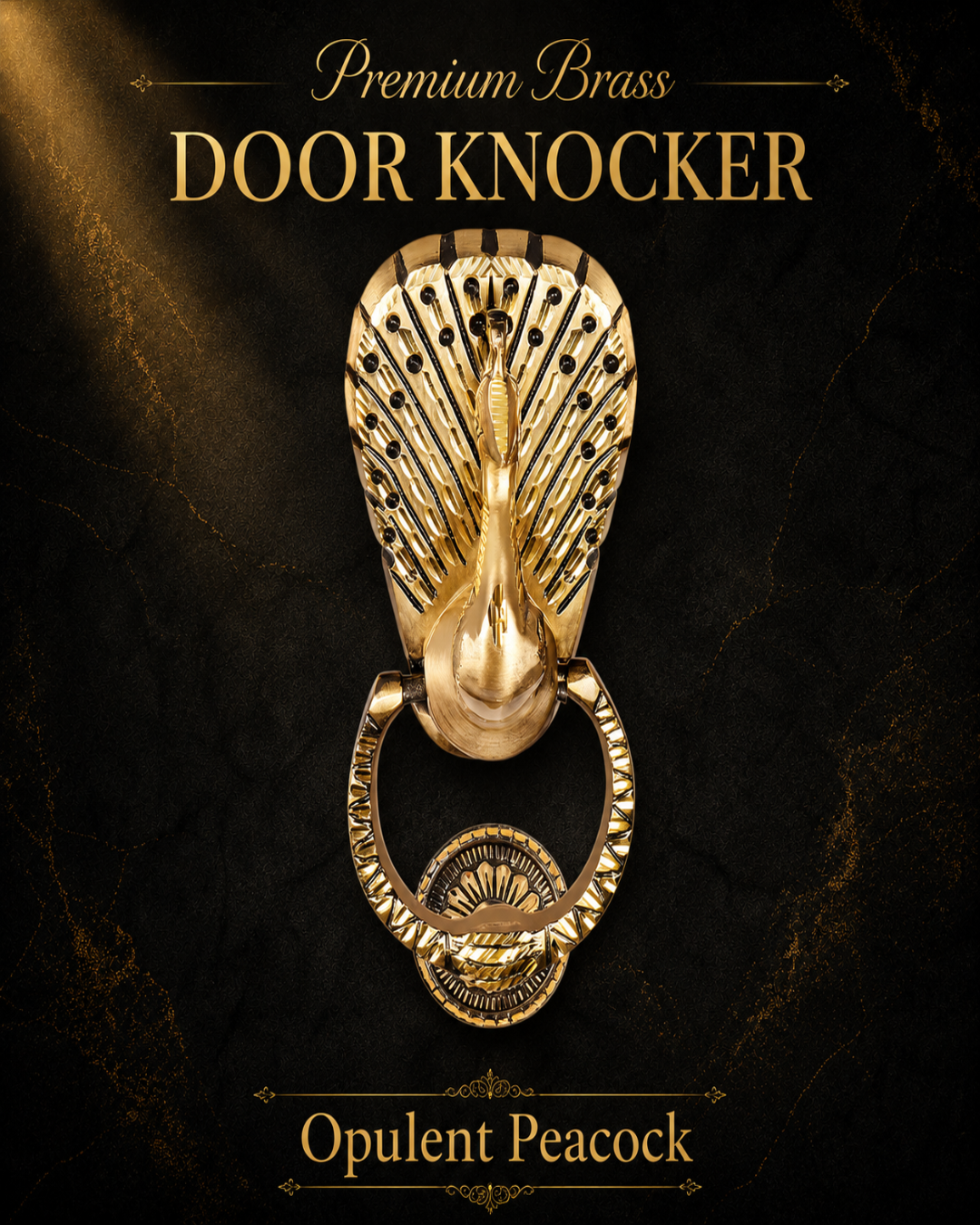 A premium brass door knocker shaped like a peacock, shown centered on a dark textured background with gold lettering that reads 'Premium Brass DOOR KNOCKER' and 'Opulent Peacock.'.