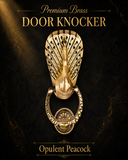 A premium brass door knocker shaped like a peacock, shown centered on a dark textured background with gold lettering that reads 'Premium Brass DOOR KNOCKER' and 'Opulent Peacock.'.