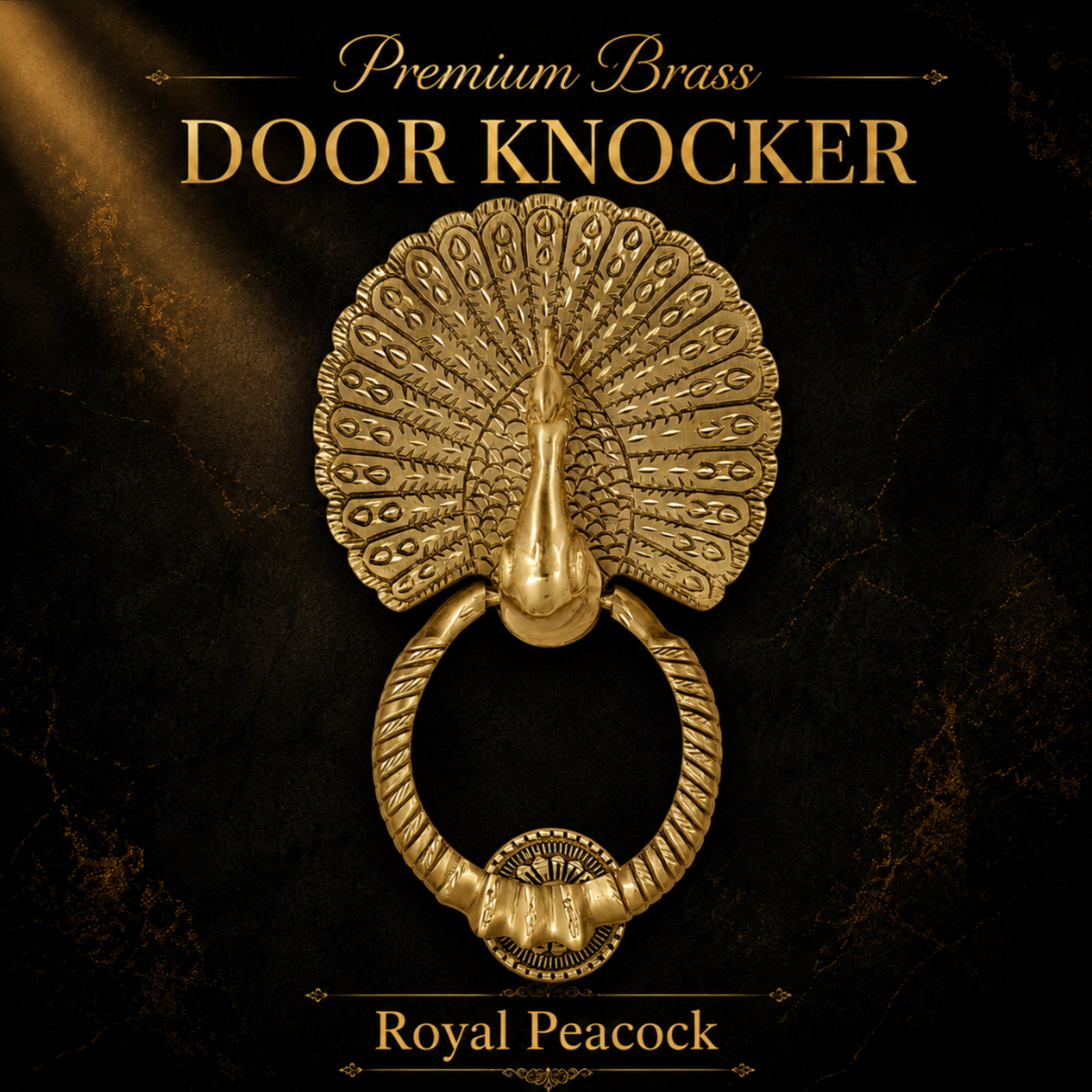 A premium brass door knocker shaped like a peacock with its tail feathers fanned out, featuring a rope-wrapped ring and a decorative oval medallion. The product is displayed against a dark textured background with gold text reading 'Premium Brass DOOR KNOCKER' and 'Royal Peacock'.