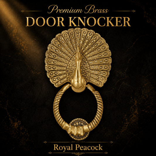 A premium brass door knocker shaped like a peacock with its tail feathers fanned out, featuring a rope-wrapped ring and a decorative oval medallion. The product is displayed against a dark textured background with gold text reading 'Premium Brass DOOR KNOCKER' and 'Royal Peacock'.